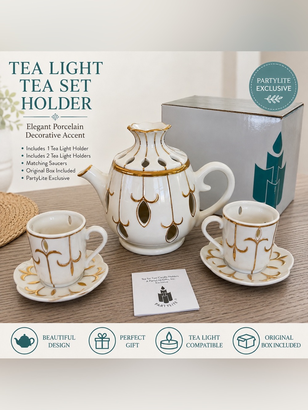 PartyLite “Tea for Two” Porcelain Tea Light Candle Holder Set w/ Original Box